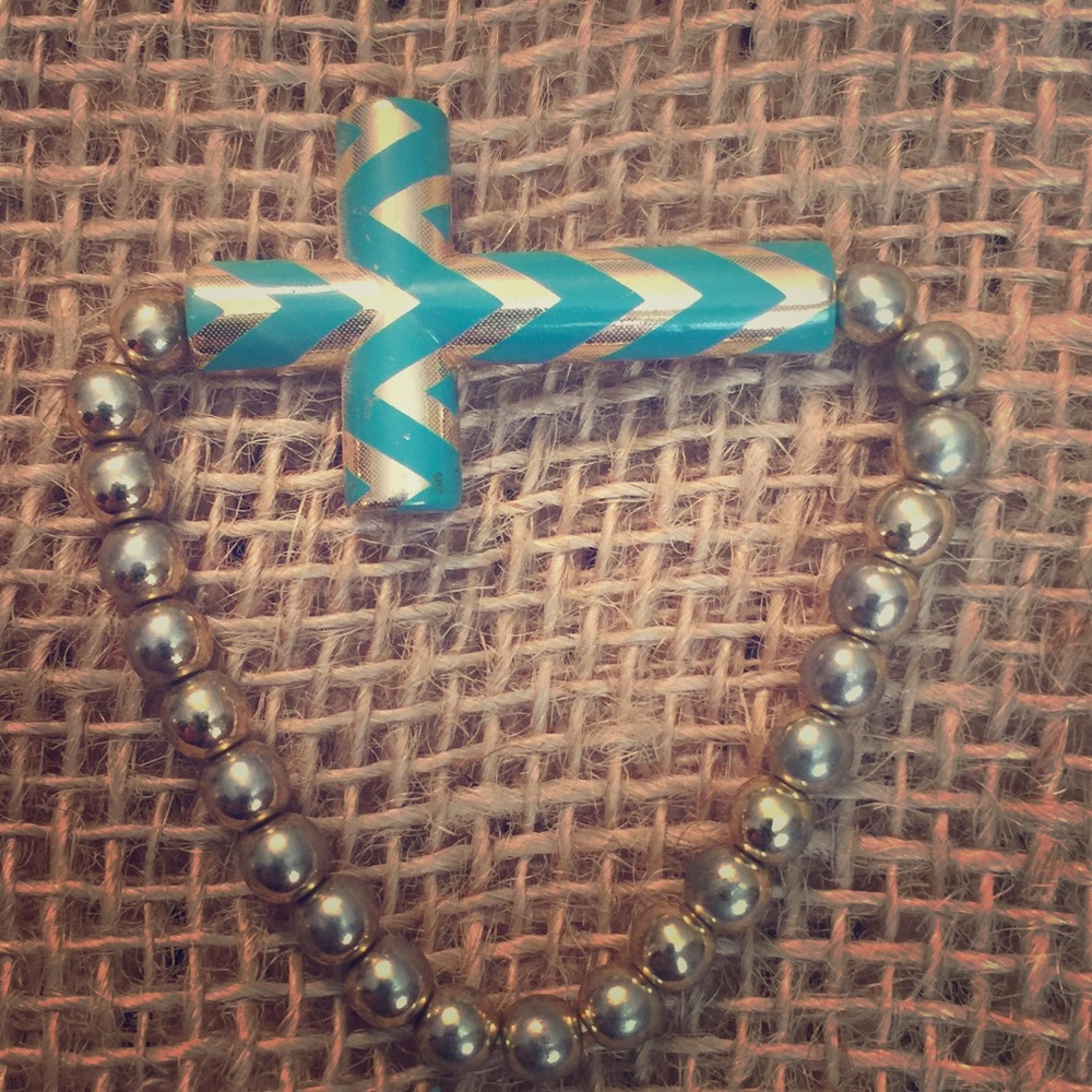 Aqua and gold cross bracelet